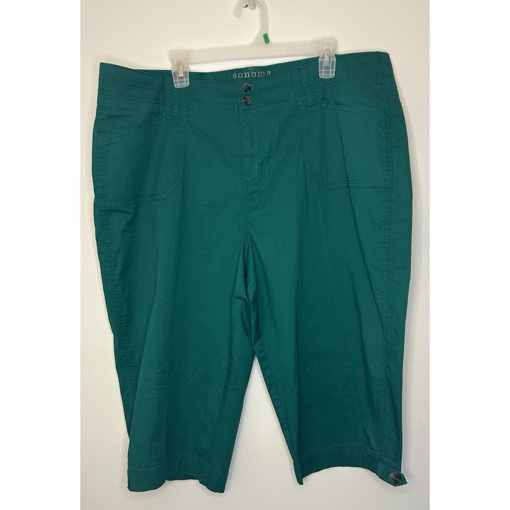 SONOMA Life + Style Woman Green Solid Capris Pants Stretch Pockets Womens 20W